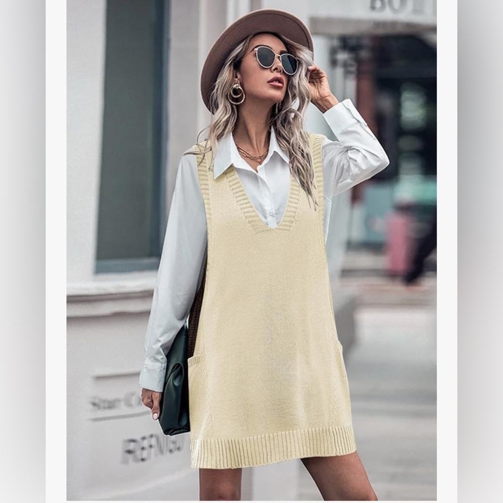 NEW Oversized V Neck Sleeveless Knit Pullover Vest Pockets Sweater Dress XL
